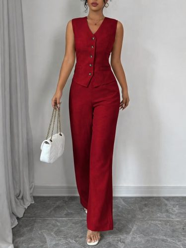 Kadın Askılı önden Düğmeli Bluz Ve Pantolon Keten Ikili Takım, 33553