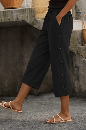 Kadın Yüksel Bel Lastikli Yandan Dügme Detaylı Midi Pantolon, 33560