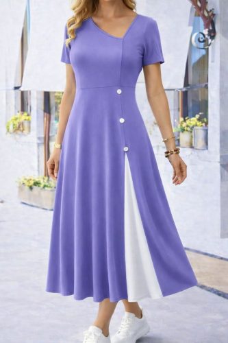 Kadın Kısa Kollu Asimetrik Yakalı Düğme Detaylı Midi Viskon Elbise , 33574