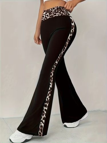Kadın Yüksel Bel Leopar Desen Detaylı Ispanyol Paçalı Dalgıç Pantolon, 33601