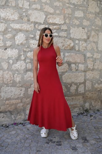 Kadın Arkadan çapraz Detay Yuvarlak Yaka Maksi Viskon Elbise, 34149