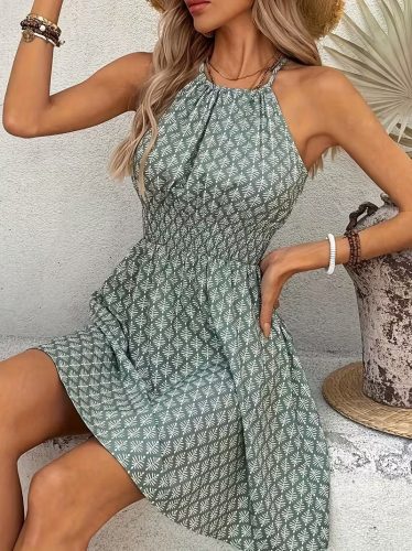 Kadın Omuzlardan Açık Boyun Arkasından Bağcıklı Beli Lastikli Kısa Süprem Elbise, 34229