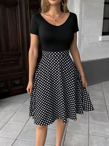 Kadın Kısa Kollu V Yakalı üst Viskon Alt Pauntıyeli Kısa örme Krep Elbise, 34696