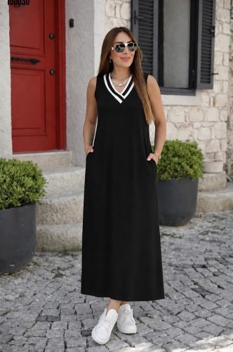 Kadın Kolsuz V Ribana Yakalı Cepli Uzun Viskon Iki Iplik Elbise, 36056