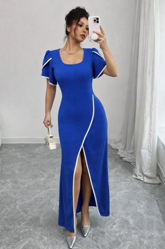 Kadın Kısa Kollu Kare Yakalı önden çapraz Kesim Detaylı Krep Elbise , 31402