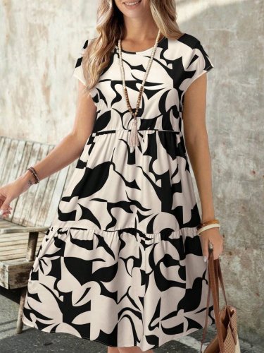 Kadın Kısa Kollu Bisiklet Yaka Desenli Fırfırlı Süprem Elbise, 25636