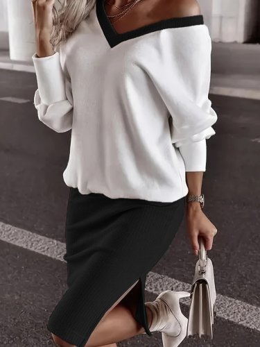 Kadın Uzun Kollu V Yakalı Viskon Iki Iplik Bluz Ve Mini Etek Ikili Takım , 26925