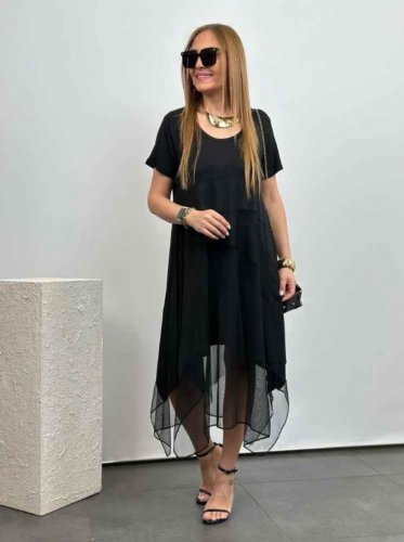 Kadın Kısa Kollu Yuvarlak Tüllü Asimetrik Detaylı Viskon Elbise, 24331