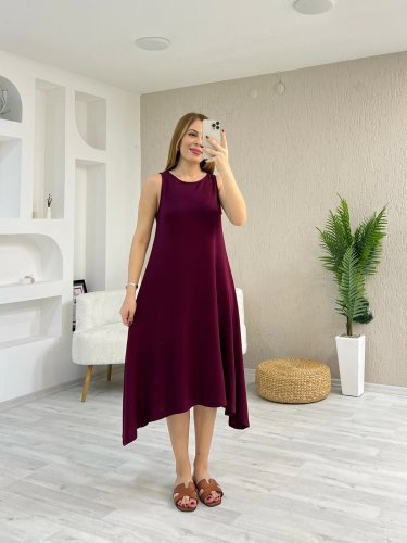 Kadın Askılı Yuvarlak Yakalı Asimetrik Kesim Detaylı Viskon Elbise , 24793