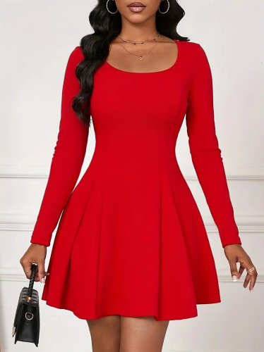 Kadın Uzun Kollu Kare Yakalı Mini Ithal Krep Elbise, 27648