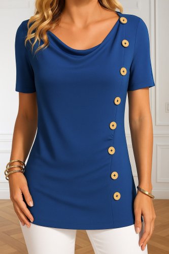 Kadın Kısa Kollu Yuvarlak Yaka Yandan Düğmeli Viskon Bluz , 25097