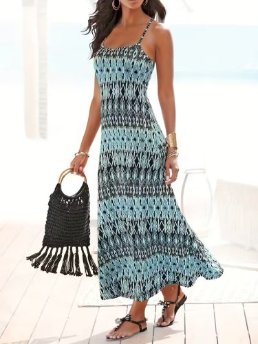 Kadın Ip Askılı V Yakalı Uzun Desenli Süprem Elbise, 31504