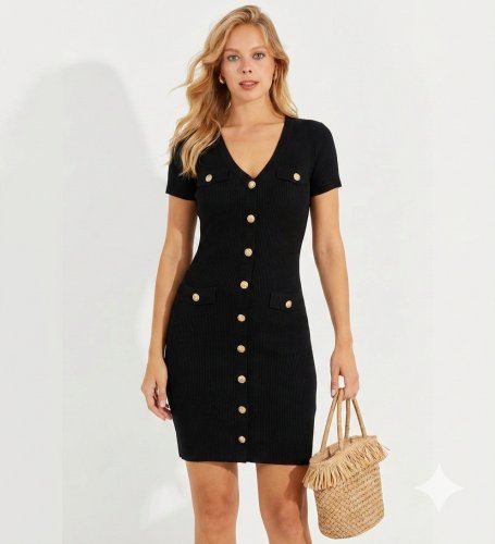 Kadın Kısa Kollu Düğmeli Cep Detay V Yaka Triko Elbise, 8985