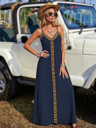 Kadın Askılı V Yakalı Etnik şerit Detaylı Uzun Viskon Elbise , 33468