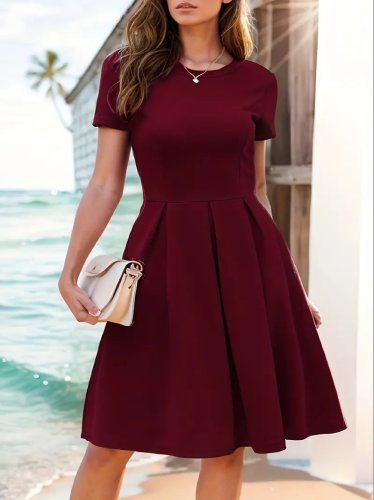 Kadın Kısa Kollu Bisiklet Yaka önden Pile Detaylı Janjan Krep Elbise , 23338
