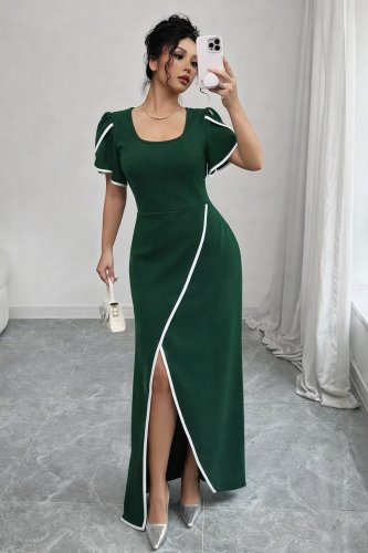 Kadın Kısa Kollu Kare Yakalı önden çapraz Kesim Detaylı Krep Elbise , 31404