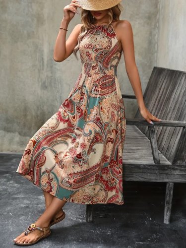 Kadın Kolsuz Boyundan Bağlamalı Beli Lastikli Dijital Baskı Süprem Uzun Elbise, 24516