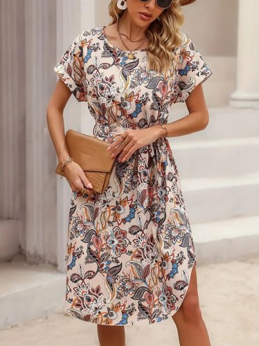 Kadın Kısa Kollu Bisiklet Yaka çiçek Desenli Kuşaklı Süprem Midi Elbise, 23979
