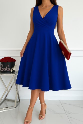 Kadın Ithal Krep Kumaş Kruvaze Yaka Eteği Kloş Kolsuz Mini Elbise, 26654