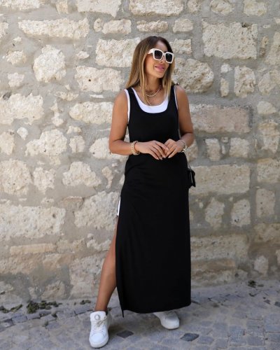 Kadın Askılı Yuvarlak Yakalı Cepli Yırtmaç Detaylı Viskon Elbise Ve Atlet Ikili Takım , 23774