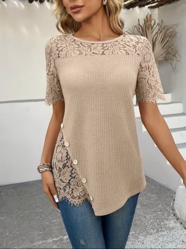 Kadın Kısa Kollu Dantel Detaylı Yandan Düğmeli Waffle Bluz , 31577