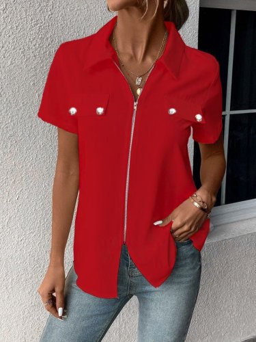 Kadın Kısa Kollu Ceket Yaka önü Fermuarlı Cep Detay Kısa Kol Ithal Krep Bluz, 31346