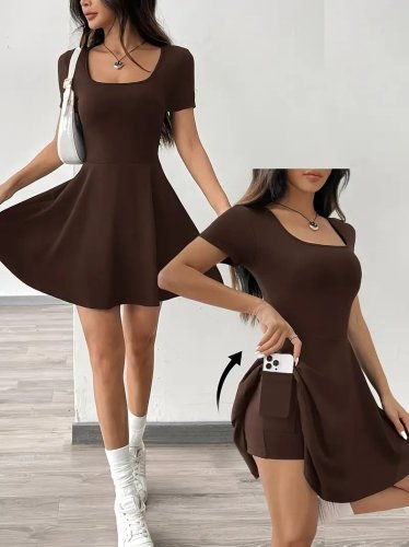 Kadın Kısa Kollu Kare Yaka Short Detaylı Cepli Dalgıç Elbise, 25591