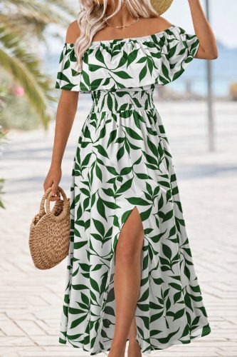 Kadın Madonna Yaka Göğüs Lastikli Yırtmaçlı Uzun Desenli Süprem Elbise, 32872