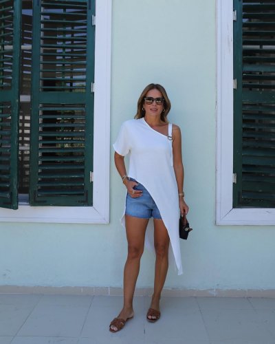 Kadın Tek Omuzu Açık Askılı Asimetrik Kesim Detaylı Bluz , 24803