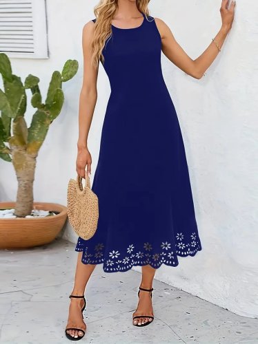 Kadın Kolsuz Etek Ucu Lazer Kesim çiçek Desenli Midi Boy Ithal Krep Elbise , 25652