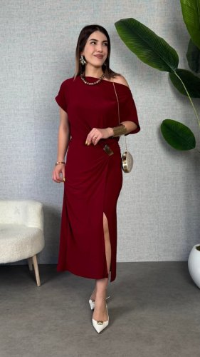 Kadın Kısa Kollu Tek Omuzdan Açık Beli Lastikli Sandy Maxi Elbise , 31237