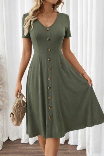 Kadın Kısa Kollu V Yakalı önden Düğmeli Kısa Kiloş Viskon Elbise , 31435