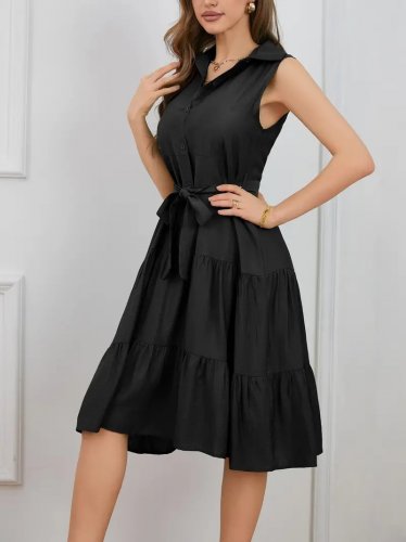 Kadın Kısa Kollu Gömlek Yaka Düğmeli Beli Kuşaklı Katlı Dokuma Midi Elbise , 17152