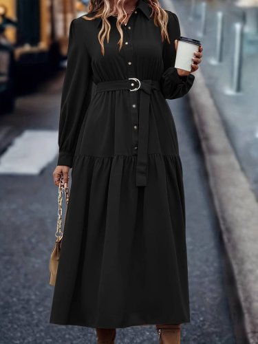 Kadın Uzun Kollu Yakalı önden Düğmeli Beli Metal Kemerli Dokuma Maksi Elbise, 20242