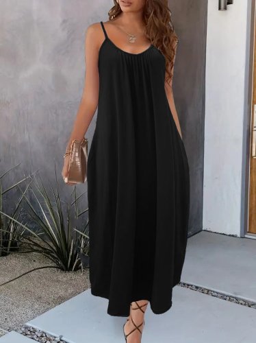 Kadın Ip Askılı Geniş V Yakalı Cepli Viskon Elbise , 24241