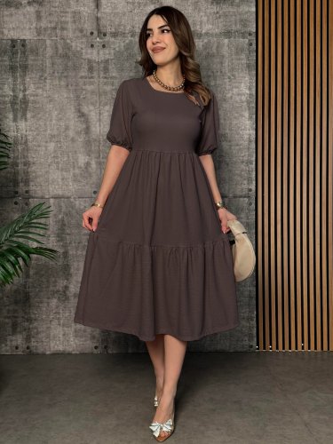 Kadın Kısa Kollu Yakası Açık Katlı Bürümcük Balon Elbise , 27234