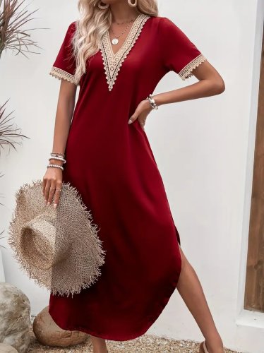 Kadın Kısa Kollu Dantel V Yakalı Uzun Viskon Elbise , 24255