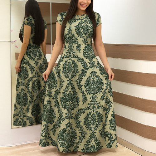 Kadın Kısa Kollu Bisiklet Yaka Puantiyeli Maksi örme Krep Elbise , 26198