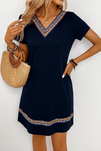 Kadın Kısa Kollu V Yakalı Etnik Desen şerit Detaylı Viskon Elbise, 25998