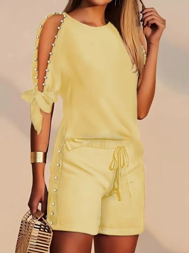 Kadın Kısa Kollu Bisiklet Yaka Yarı Açık Omuz Inci Detaylı Short T-shirt Viskon Ikili Takım, 26224