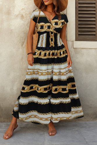 Kadın Kısa Kollu Kruvaze Yaka Beli Lastikli Süprem Maksi Boy Elbise, 25585