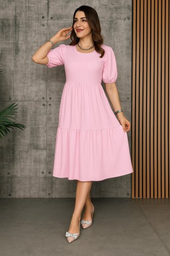 Kadın Kısa Kollu Yakası Açık Katlı Bürümcük Balon Elbise , 26686