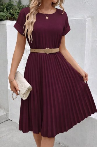 Kadın Kısa Kollu Yakası Açık Belden Lastikli Pileli Kısa Ithal Krep Elbise, 31204