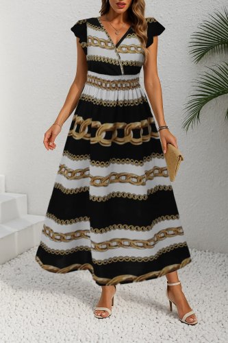 Kadın Kısa Kollu Kruvaze Yakalı Beli Lastikli Desenli Maksi Boy örme Krep Elbise , 25662