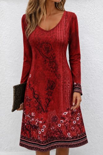 Kadın Uzun Kollu V Yakalı çiçek Desenli Midi Süprem Elbise, 38597