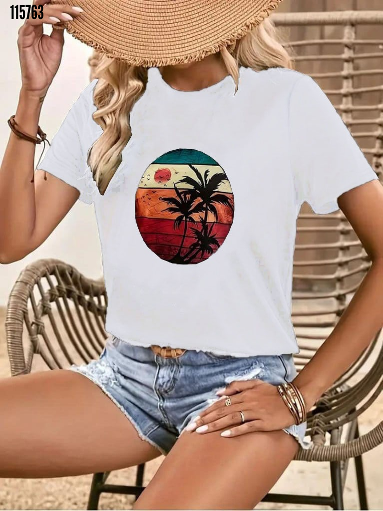 Kadın Kısa Kollu Palmiye Baskılı Viskon T-shirt, 38241